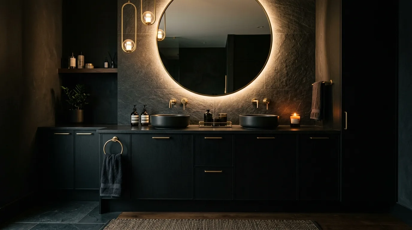Turn the vanity into a statement zone inspiration for a black bathroom.